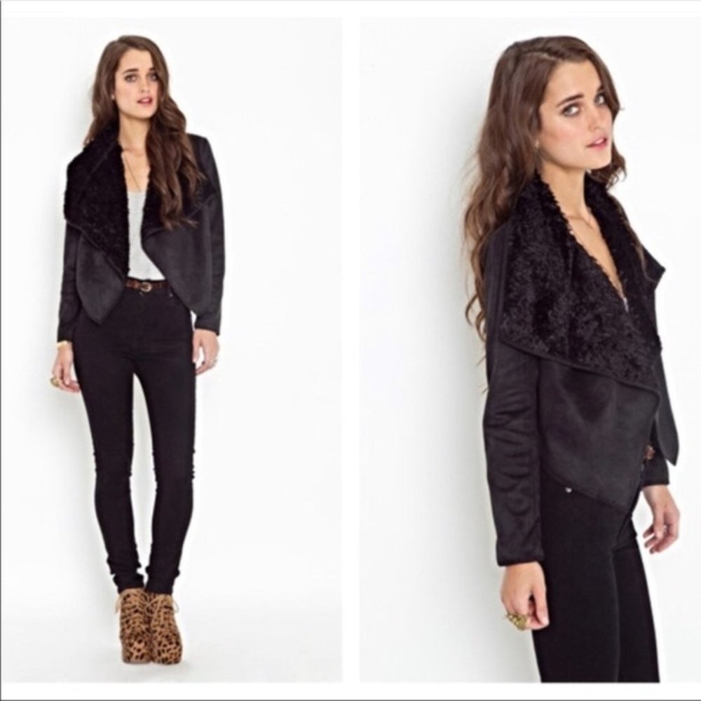 PIKO 1988 BLACK FAUX SUEDE AND SHEARLING DRAPED JACKET LARGE